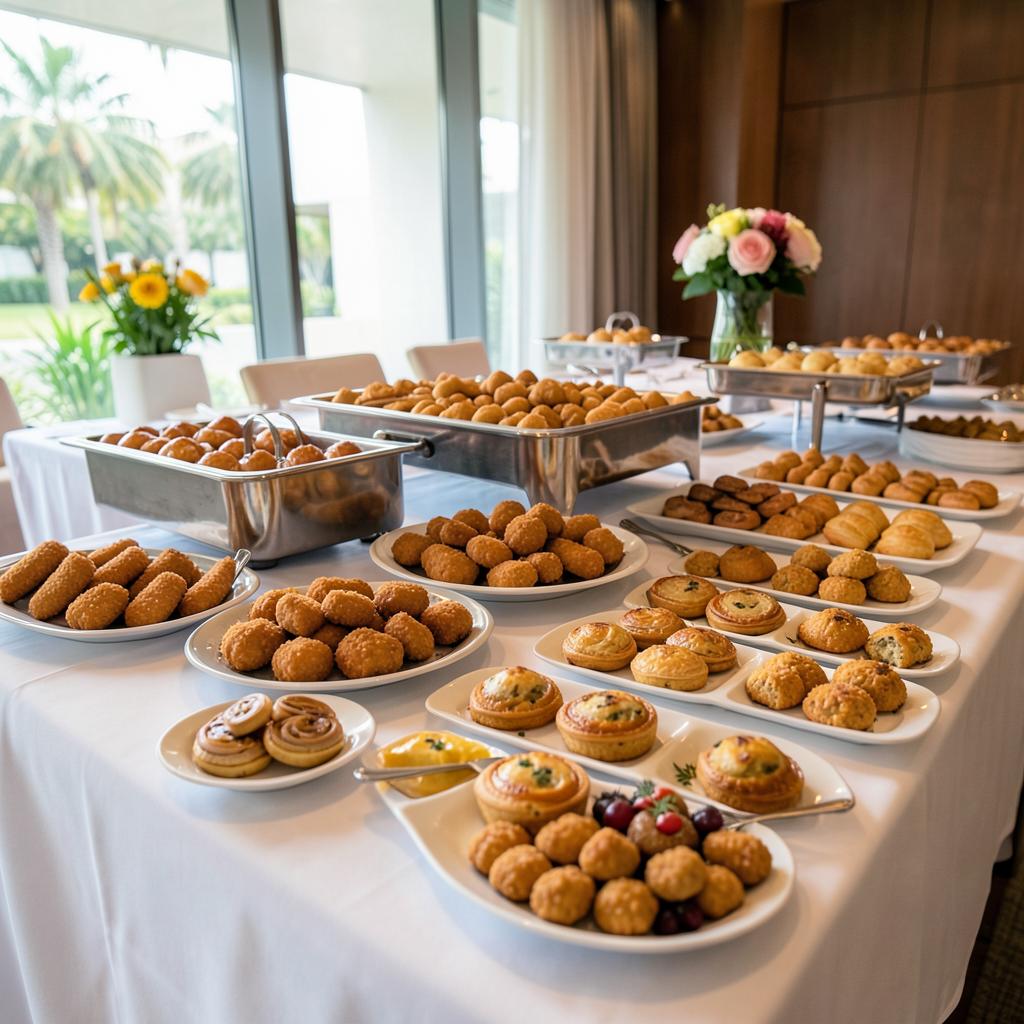Mesa de salgados preparada para evento corporativo